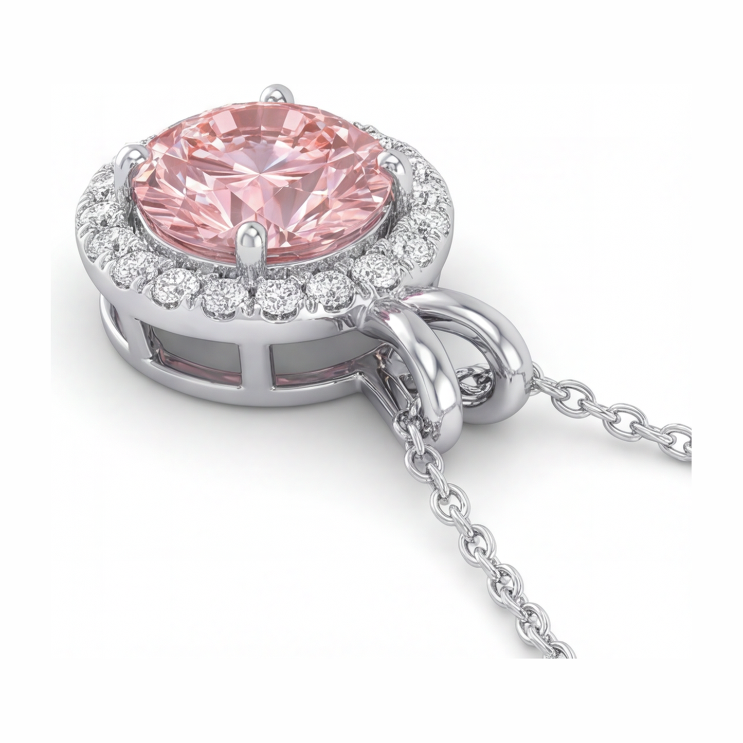Collana con Pendente Halo con Diamante Rosa Rotondo da Laboratorio da 2,5 Carati in Oro Bianco 14K