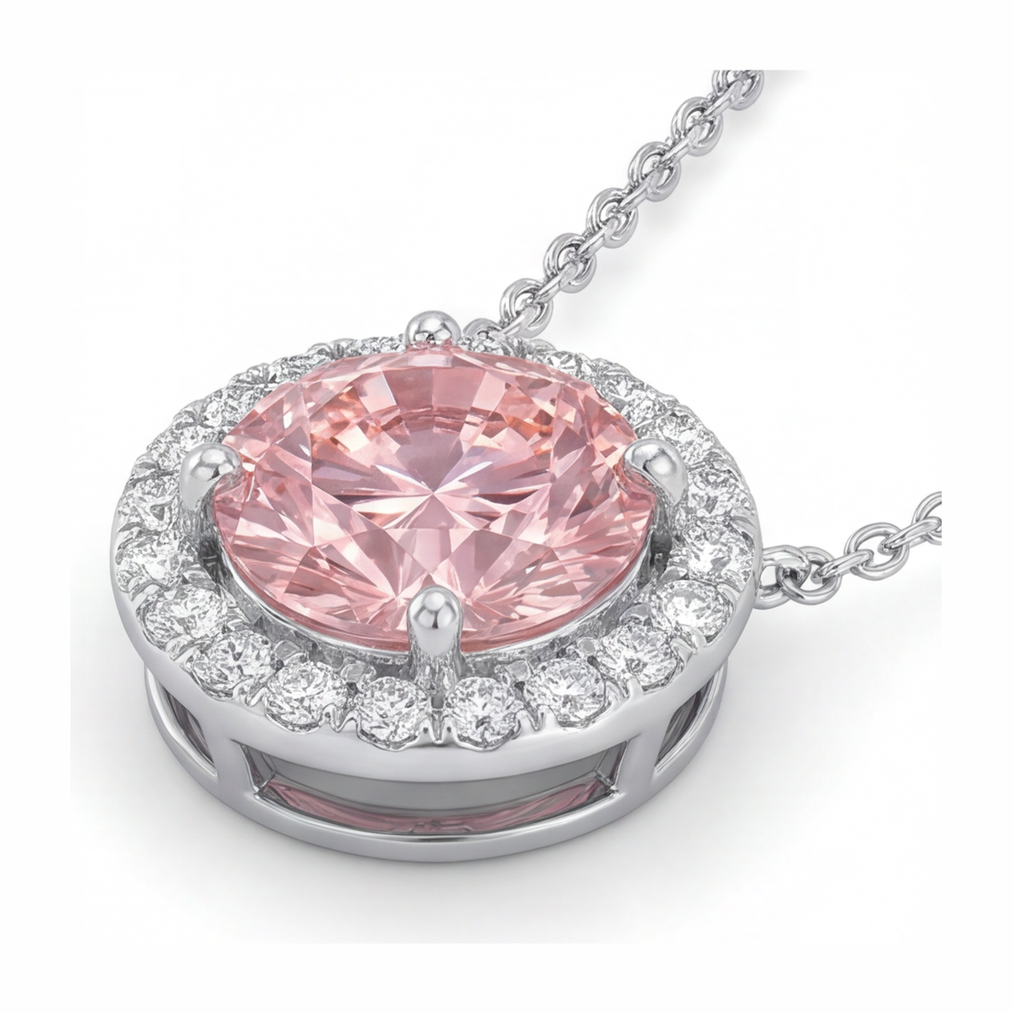 Collana con Pendente Halo con Diamante Rosa Rotondo da Laboratorio da 2,5 Carati in Oro Bianco 14K