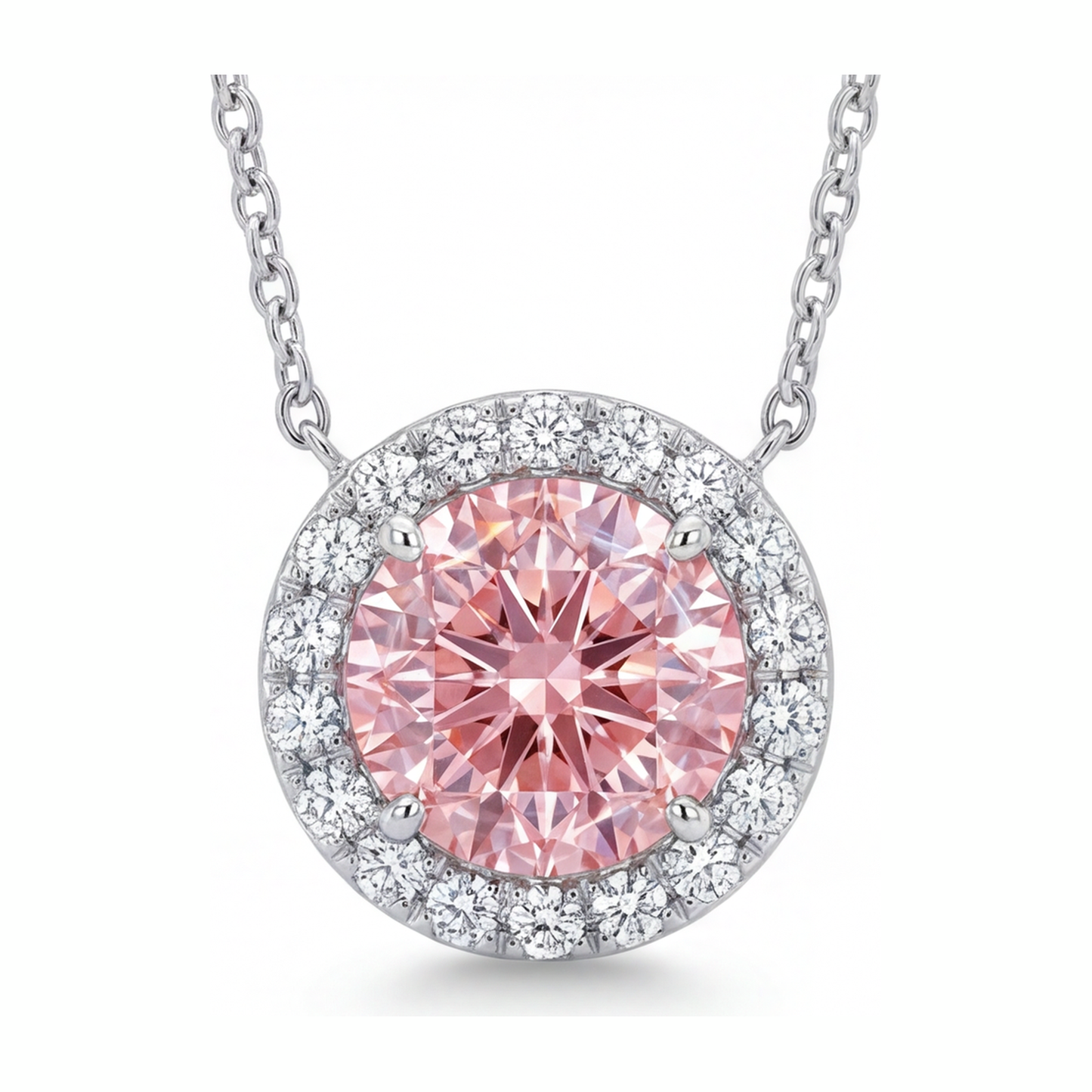 Collana con Pendente Halo con Diamante Rosa Rotondo da Laboratorio da 2,5 Carati in Oro Bianco 14K