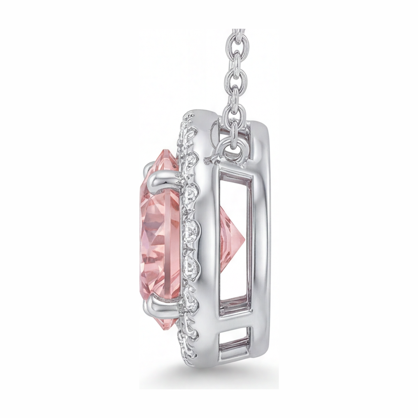 Collana con Pendente Halo con Diamante Rosa Rotondo da Laboratorio da 2,5 Carati in Oro Bianco 14K