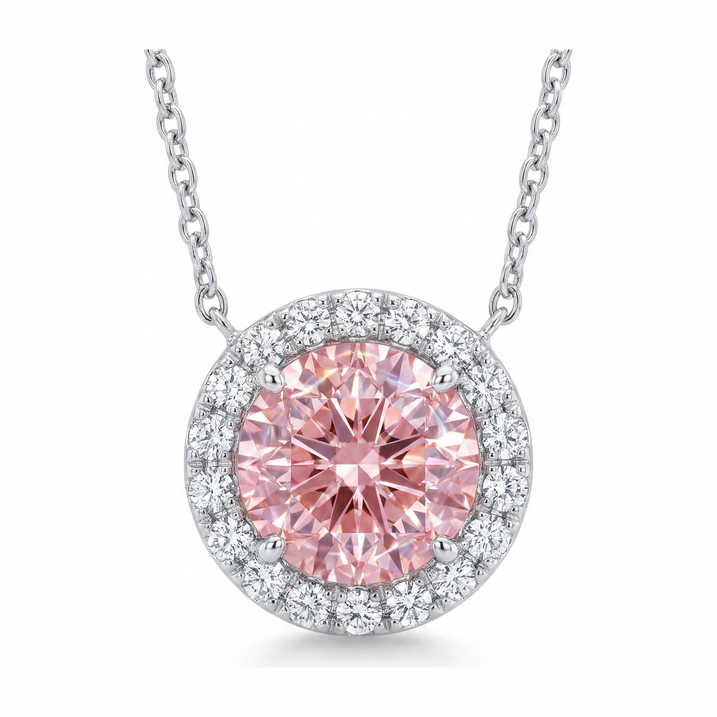 Collana con Pendente Halo con Diamante Rosa Rotondo da Laboratorio da 2,5 Carati in Oro Bianco 14K