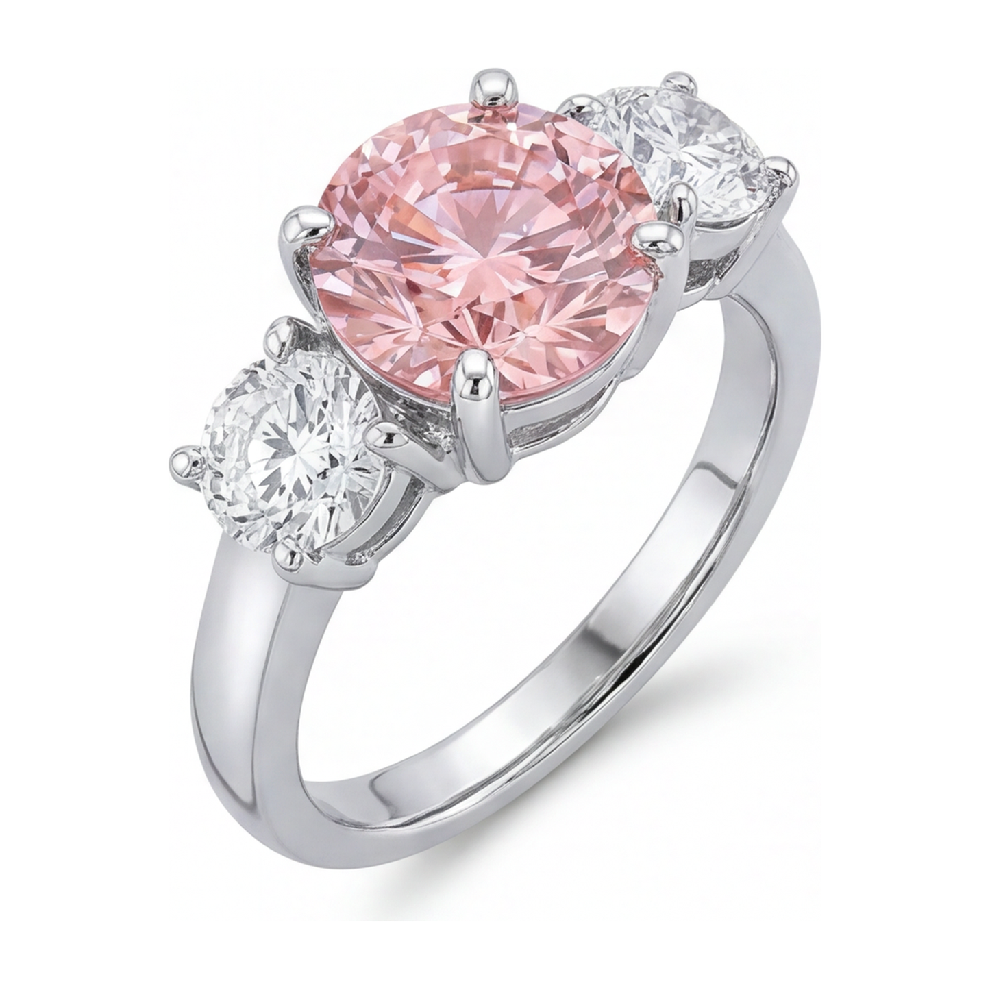 Anello di Fidanzamento con Diamante Rosa da Laboratorio da 2,5 Carati Taglio Rotondo a Tre Pietre in Oro Bianco 14K