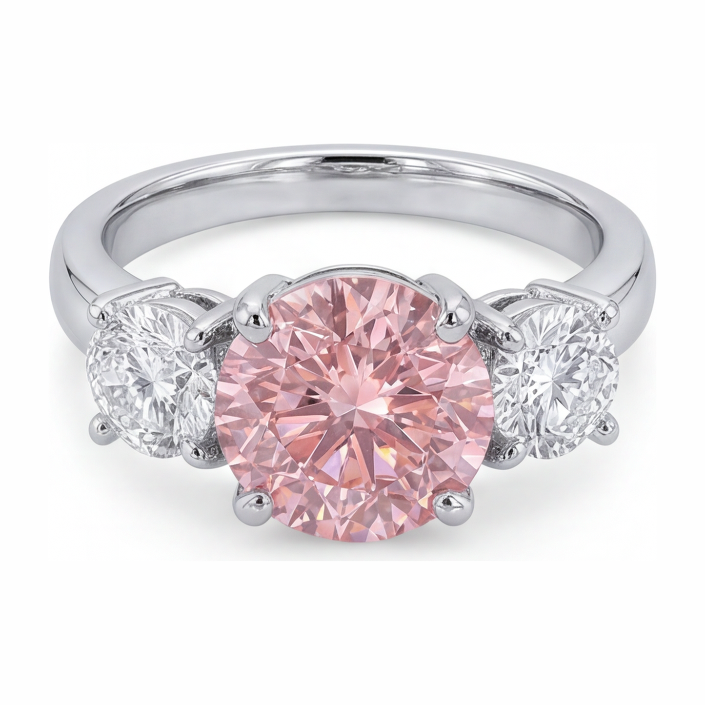 Anello di Fidanzamento con Diamante Rosa da Laboratorio da 2,5 Carati Taglio Rotondo a Tre Pietre in Oro Bianco 14K