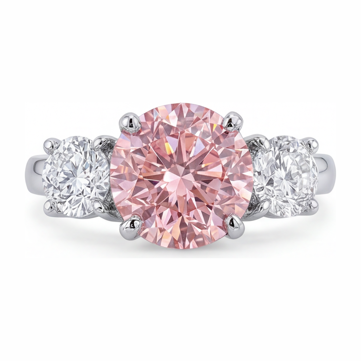 Anello di Fidanzamento con Diamante Rosa da Laboratorio da 2,5 Carati Taglio Rotondo a Tre Pietre in Oro Bianco 14K