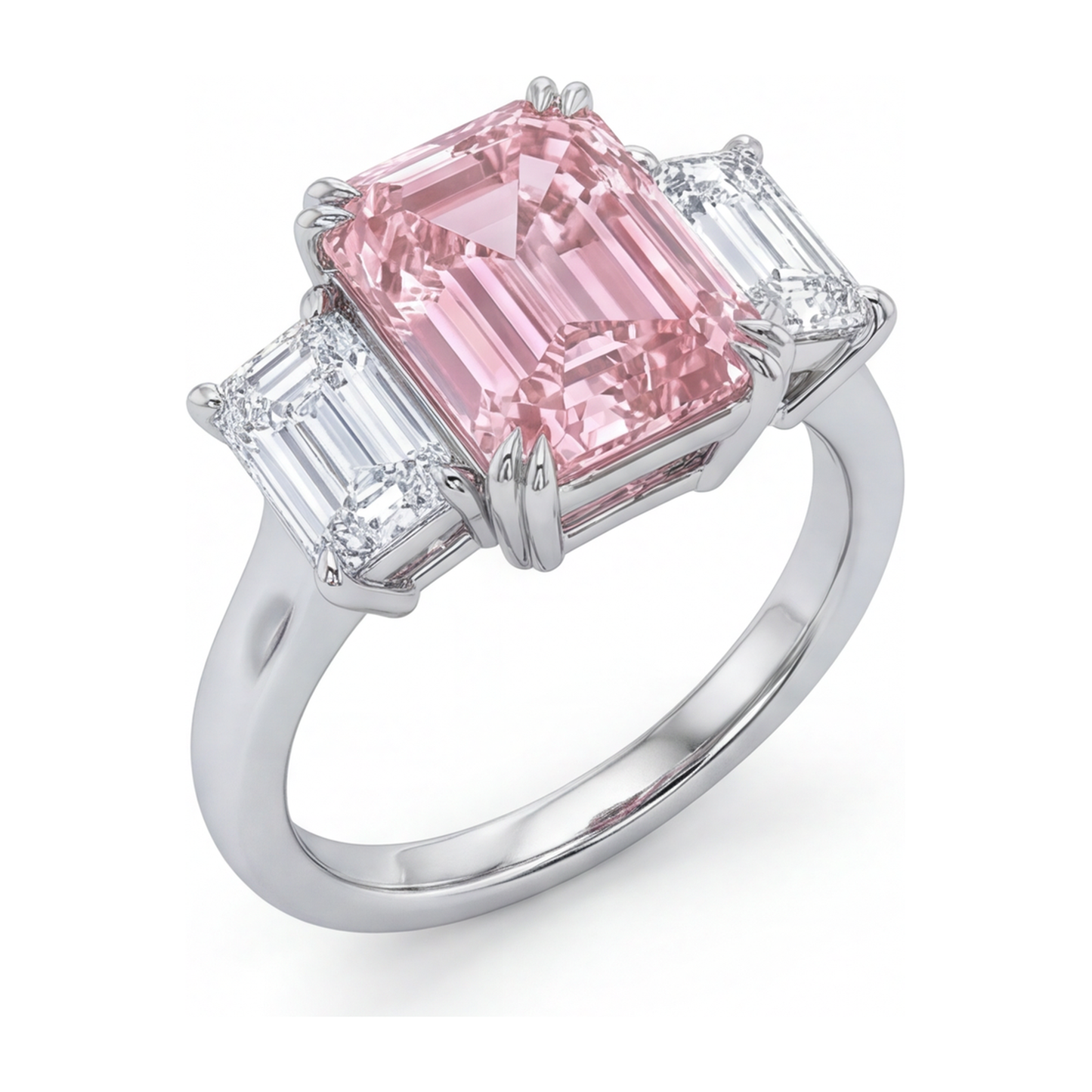 Anello a tre pietre con diamante rosa da laboratorio taglio smeraldo da 2,75 carati in Oro Bianco 14 carati