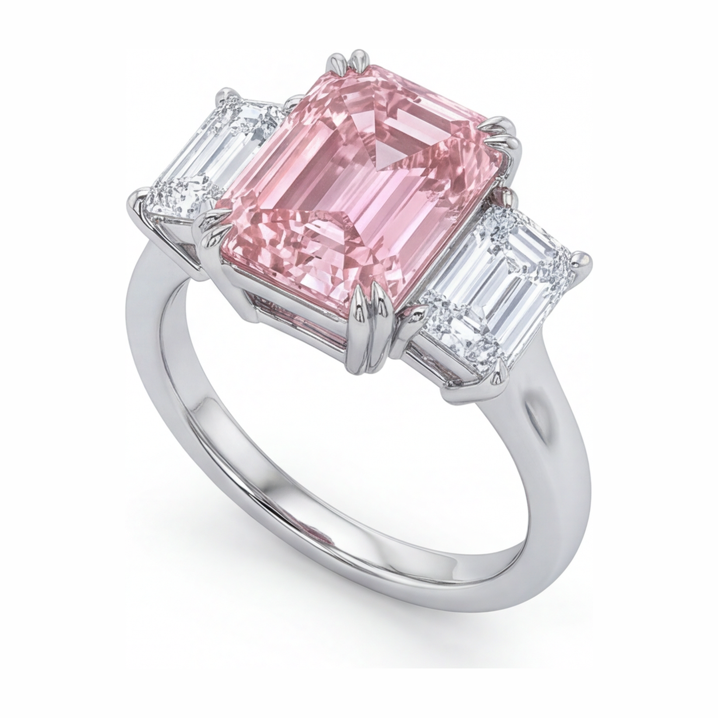Anello a tre pietre con diamante rosa da laboratorio taglio smeraldo da 2,75 carati in Oro Bianco 14 carati
