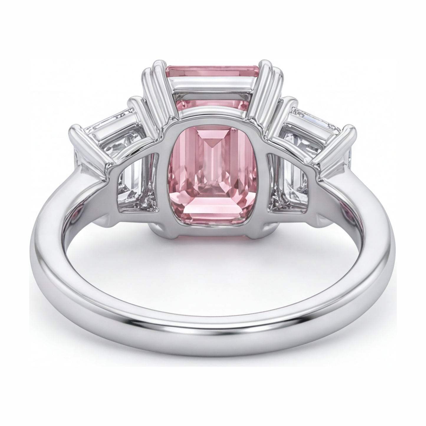 Anello a tre pietre con diamante rosa da laboratorio taglio smeraldo da 2,75 carati in Oro Bianco 14 carati