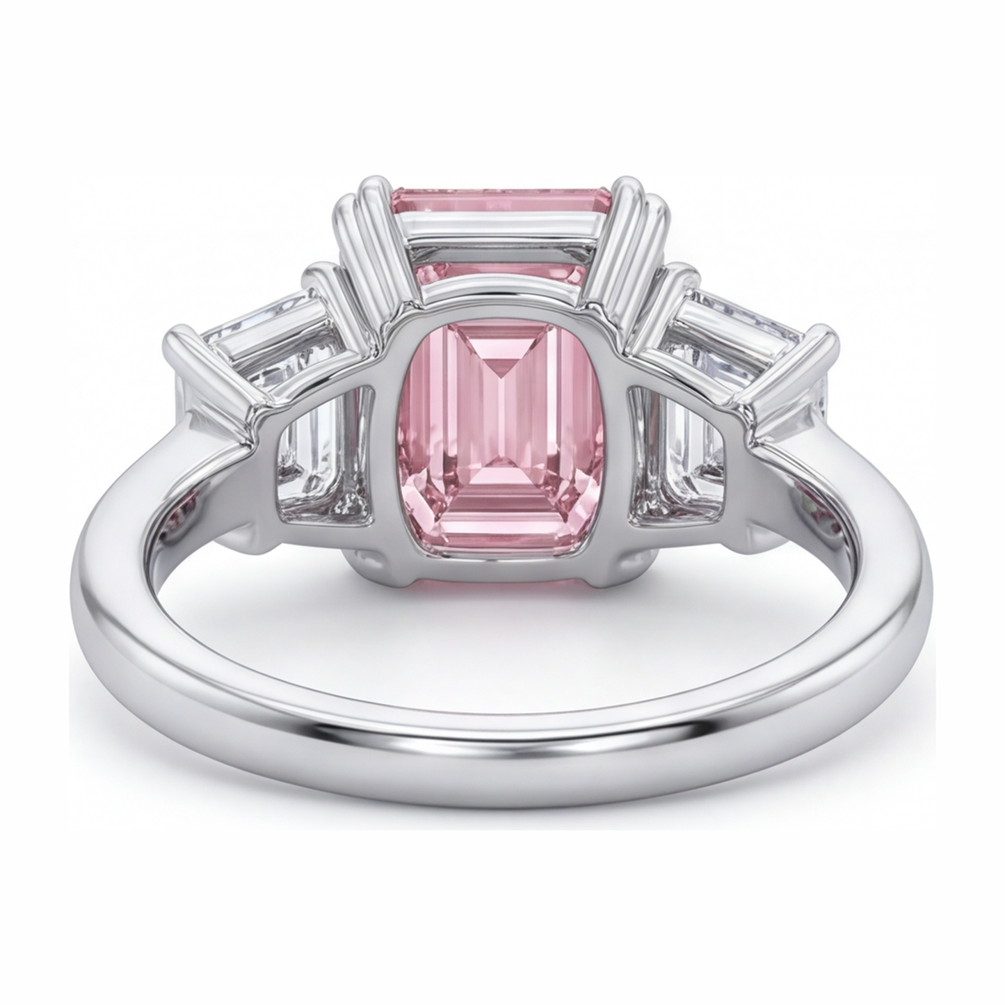 Anello a tre pietre con diamante rosa da laboratorio taglio smeraldo da 2,75 carati in Oro Bianco 14 carati