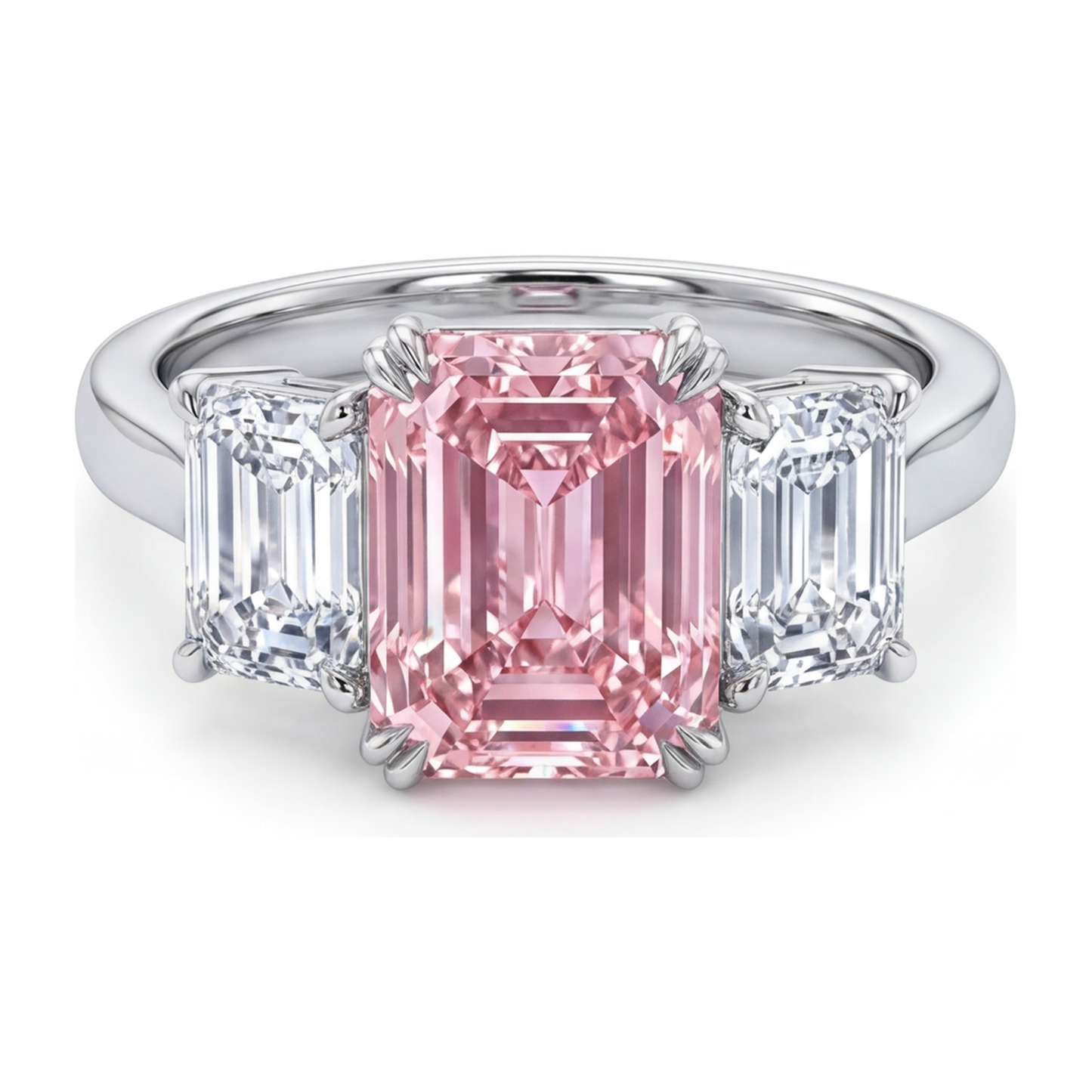 Anello a tre pietre con diamante rosa da laboratorio taglio smeraldo da 2,75 carati in Oro Bianco 14 carati