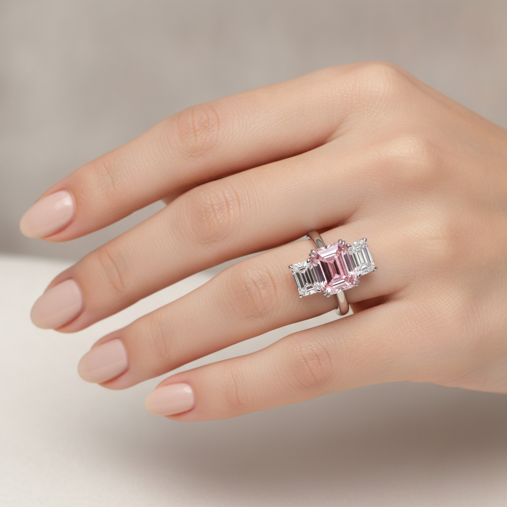 Anello a tre pietre con diamante rosa da laboratorio taglio smeraldo da 2,75 carati in Oro Bianco 14 carati
