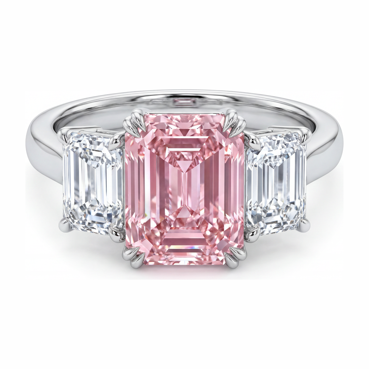 Anello a tre pietre con diamante rosa da laboratorio taglio smeraldo da 2,75 carati in Oro Bianco 14 carati