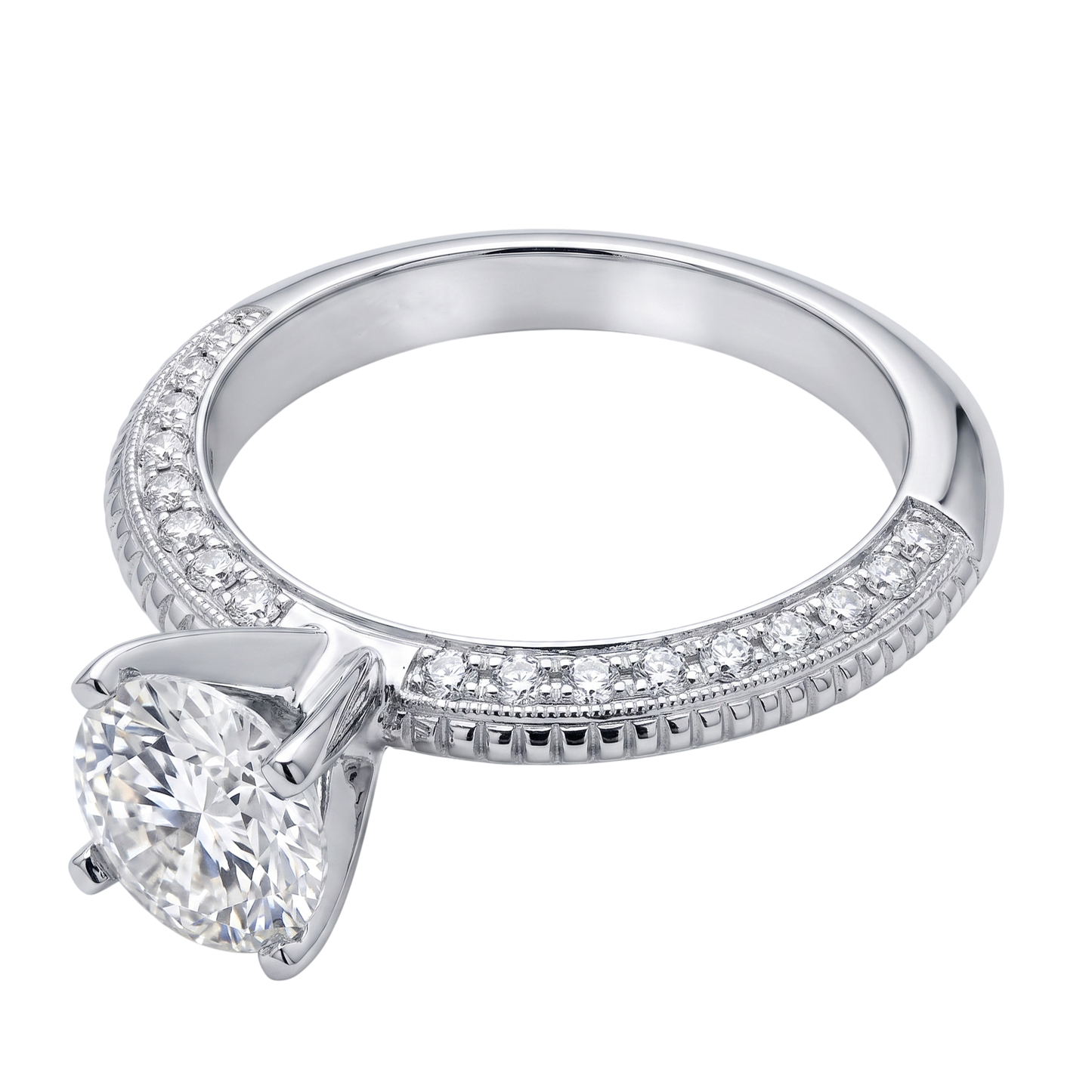 2 Ct. Anello Di Fidanzamento Rotondo Con Micro Pavé Di Genuino Diamanti Naturali Autentici ( non creati in laboratorio ) In Oro Bianco 14K