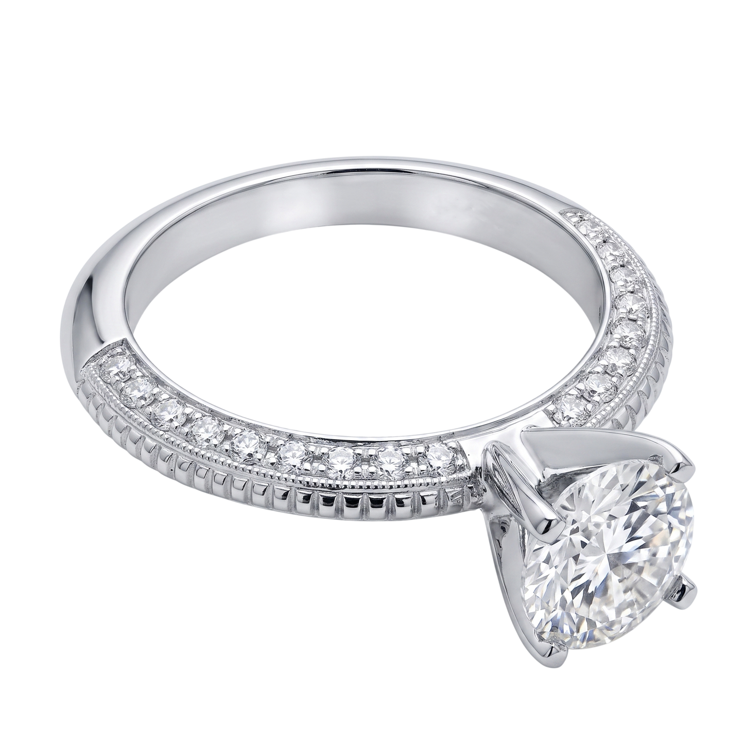 2 Ct. Anello Di Fidanzamento Rotondo Con Micro Pavé Di Genuino Diamanti Naturali Autentici ( non creati in laboratorio ) In Oro Bianco 14K