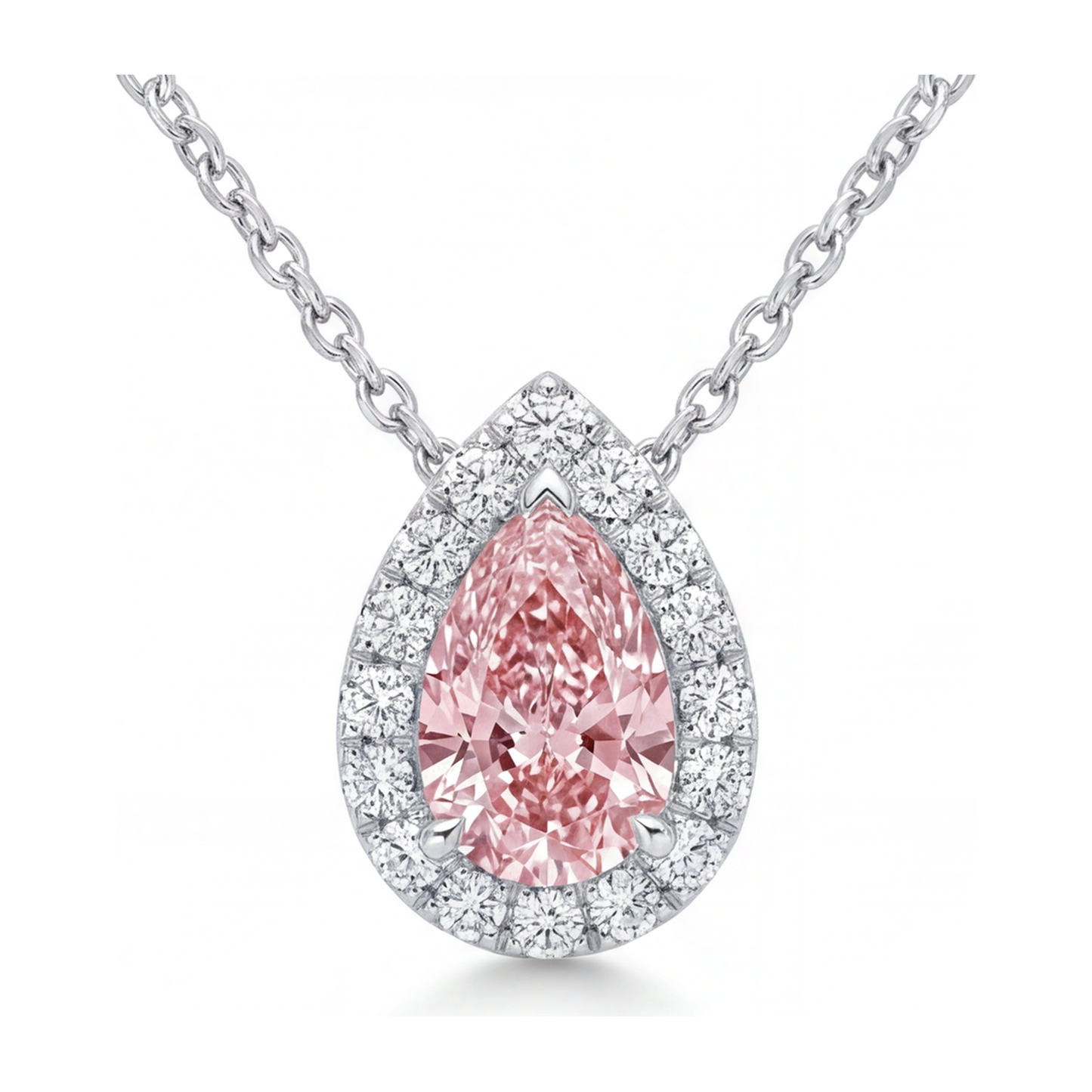 Collana con pendente Halo a goccia con diamante rosa da laboratorio da 2 carati in Oro Bianco 14K