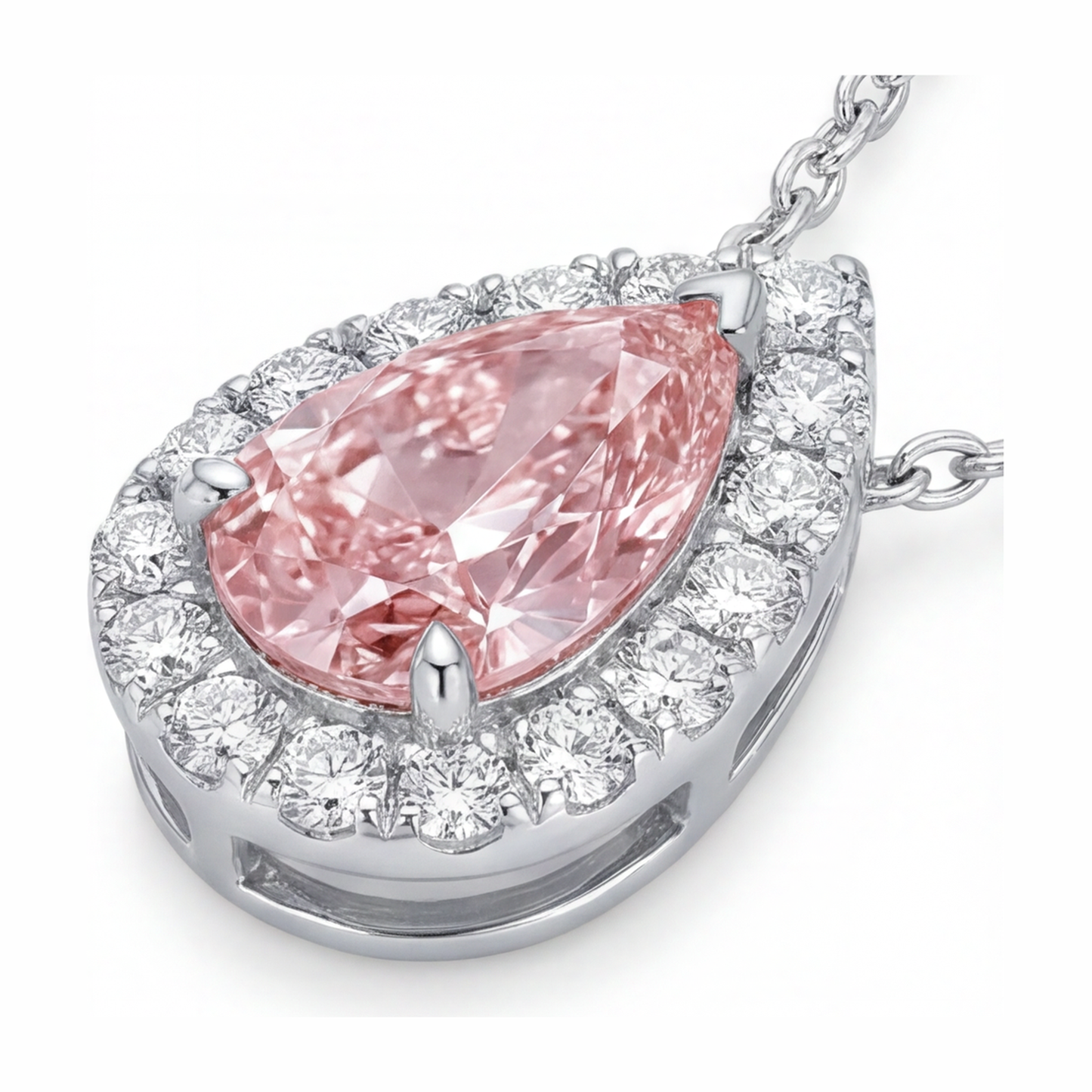 Collana con pendente Halo a goccia con diamante rosa da laboratorio da 2 carati in Oro Bianco 14K