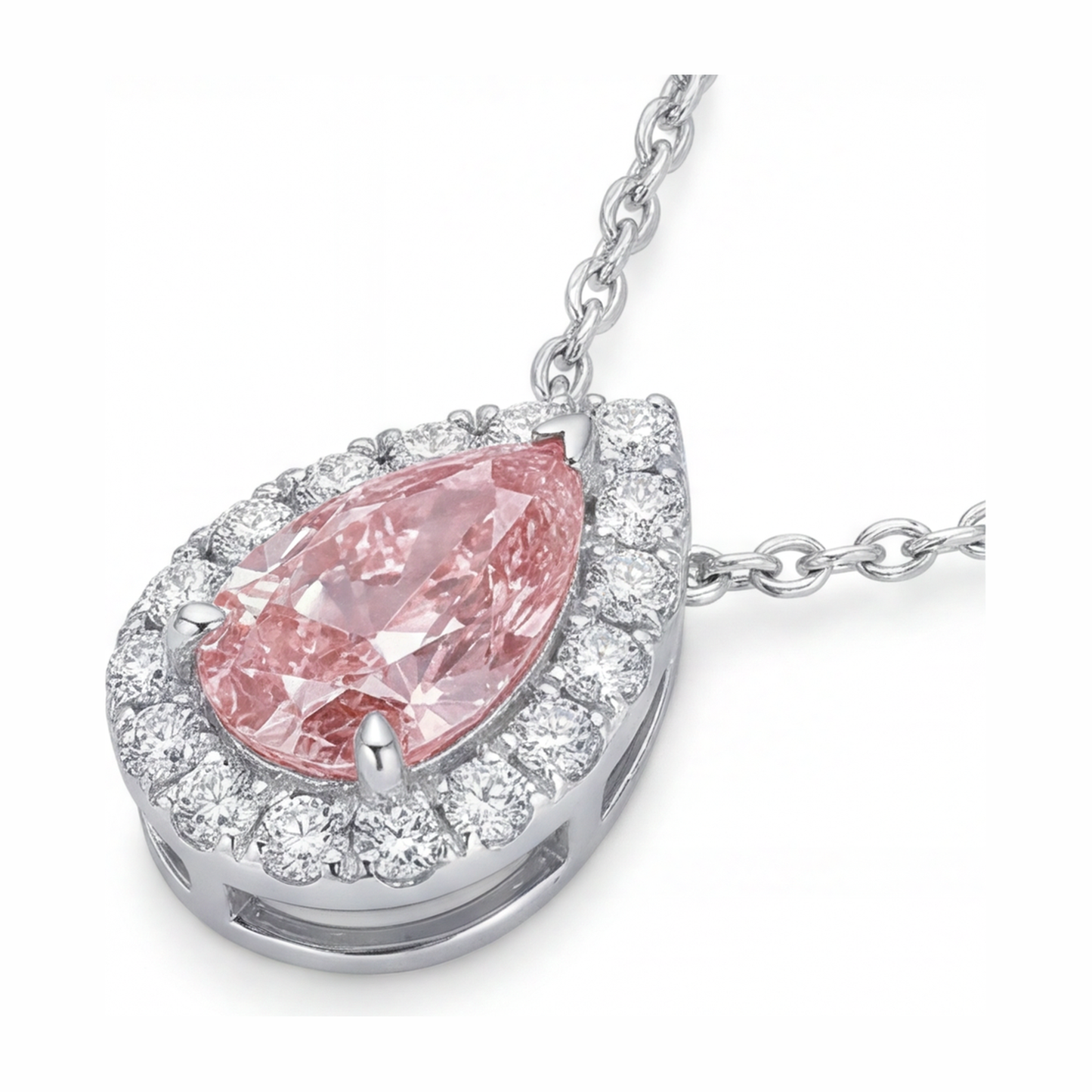 Collana con pendente Halo a goccia con diamante rosa da laboratorio da 2 carati in Oro Bianco 14K