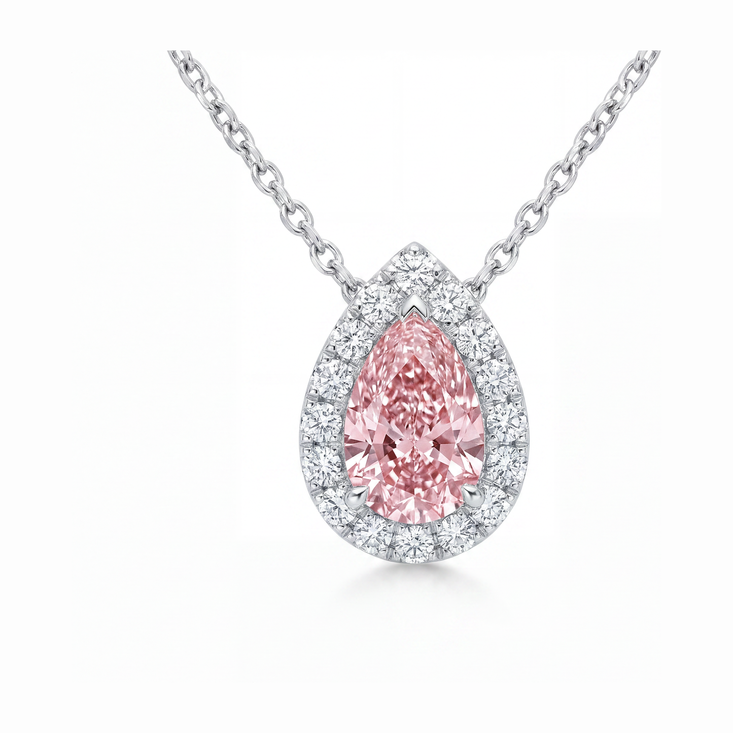 Collana con pendente Halo a goccia con diamante rosa da laboratorio da 2 carati in Oro Bianco 14K