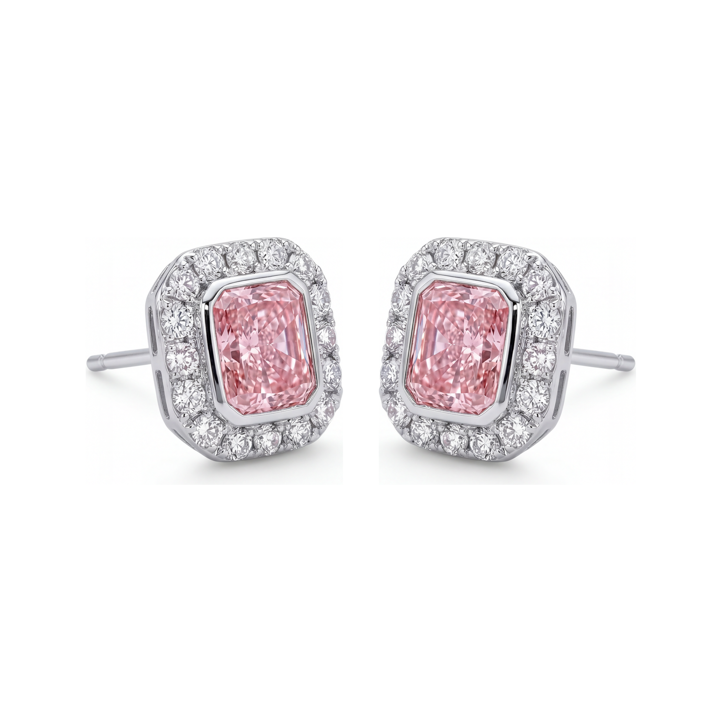 Orecchini con diamanti rosa da laboratorio 2 carati taglio radiant Halo in Oro Bianco 14K