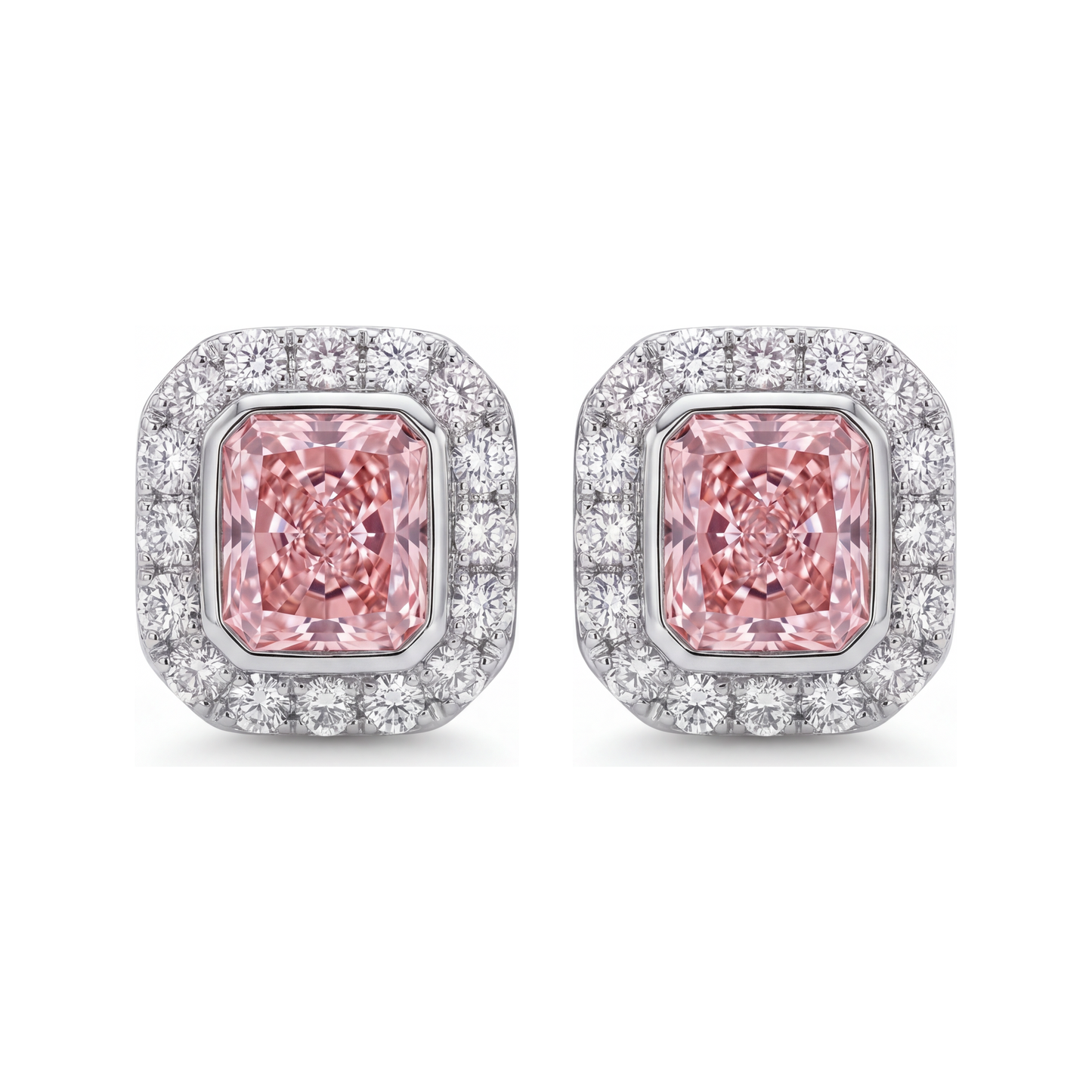 Orecchini con diamanti rosa da laboratorio 2 carati taglio radiant Halo in Oro Bianco 14K