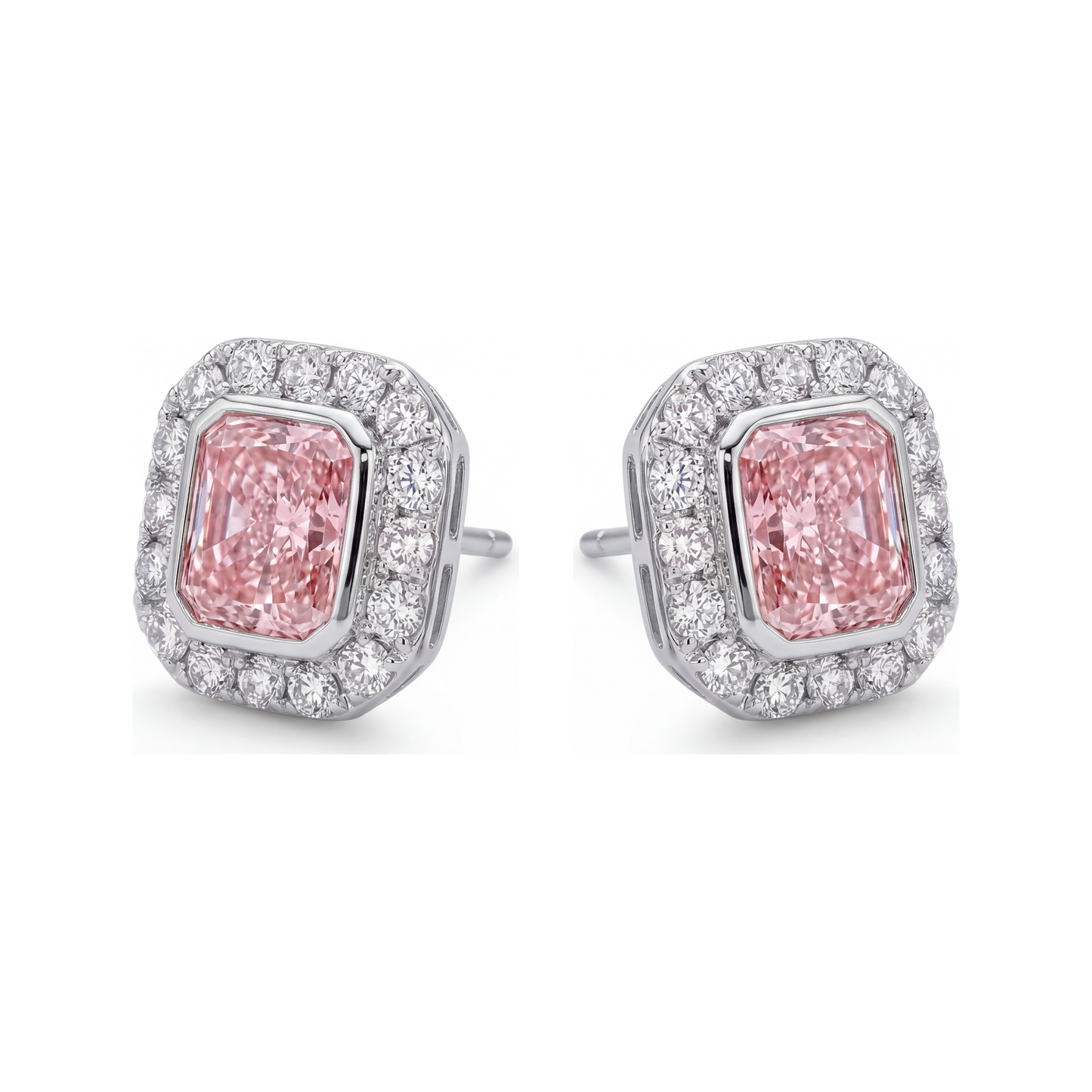 Orecchini con diamanti rosa da laboratorio 2 carati taglio radiant Halo in Oro Bianco 14K