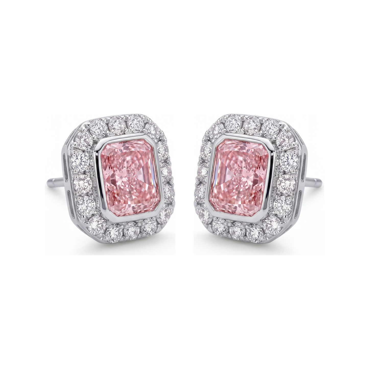 Orecchini con diamanti rosa da laboratorio 2 carati taglio radiant Halo in Oro Bianco 14K