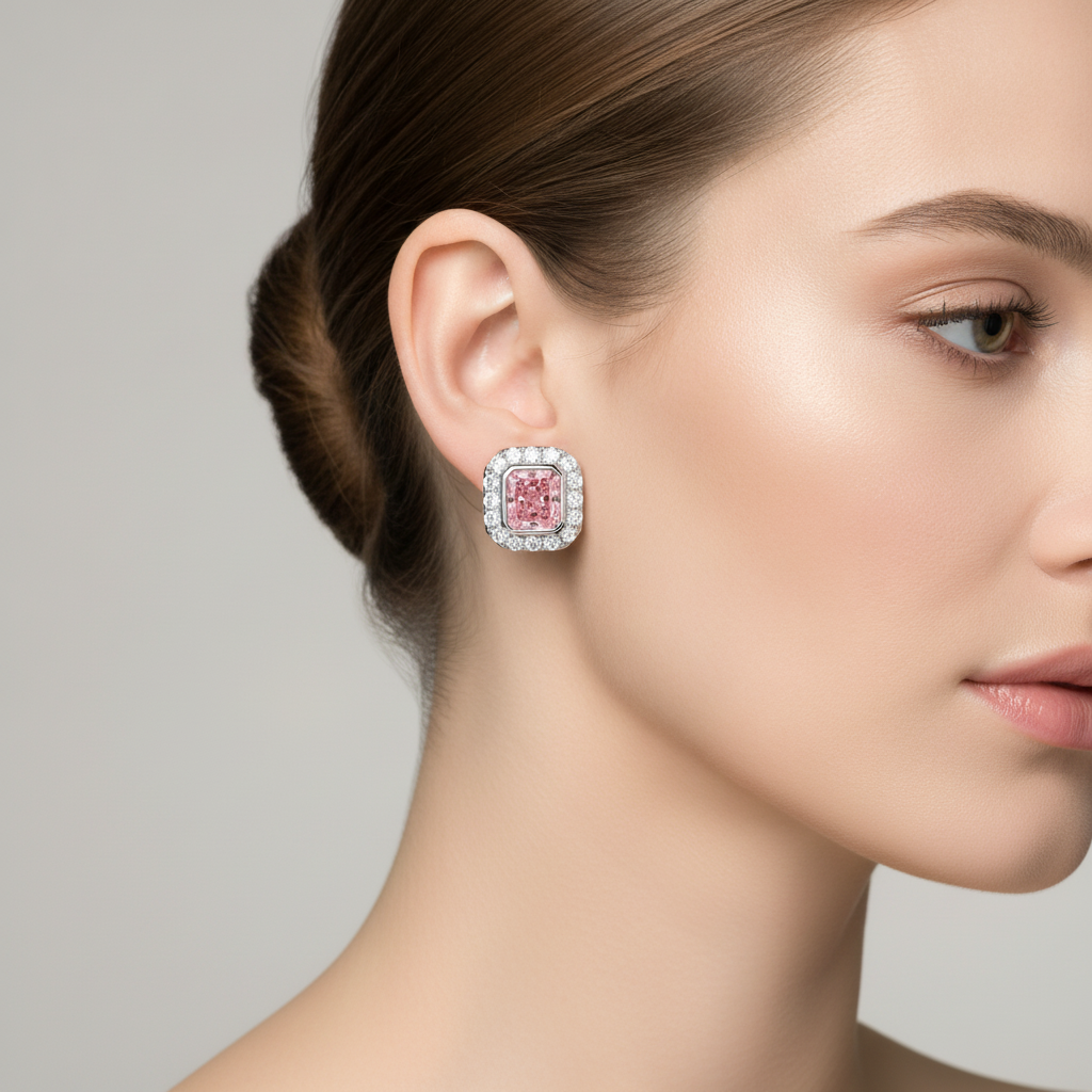 Orecchini con diamanti rosa da laboratorio 2 carati taglio radiant Halo in Oro Bianco 14K