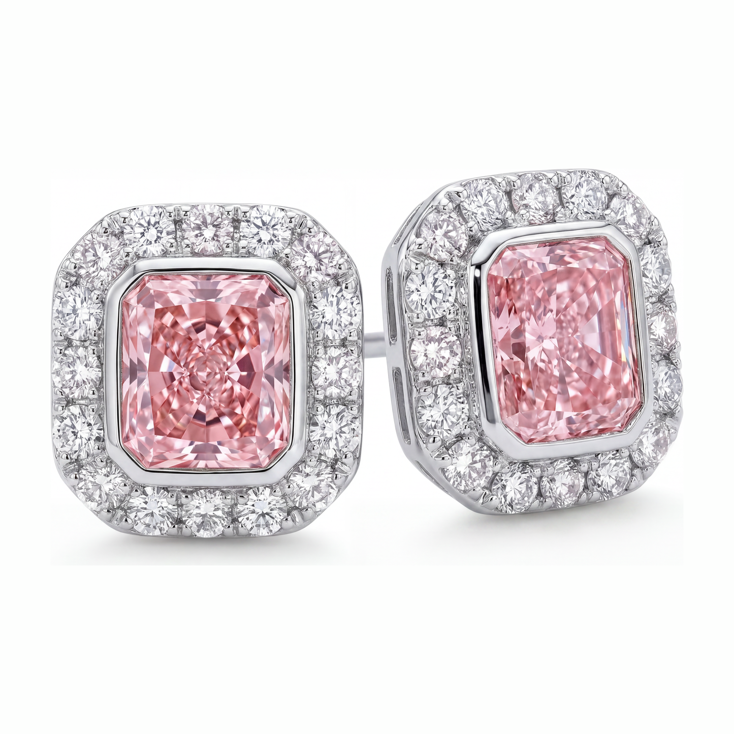 Orecchini con diamanti rosa da laboratorio 2 carati taglio radiant Halo in Oro Bianco 14K