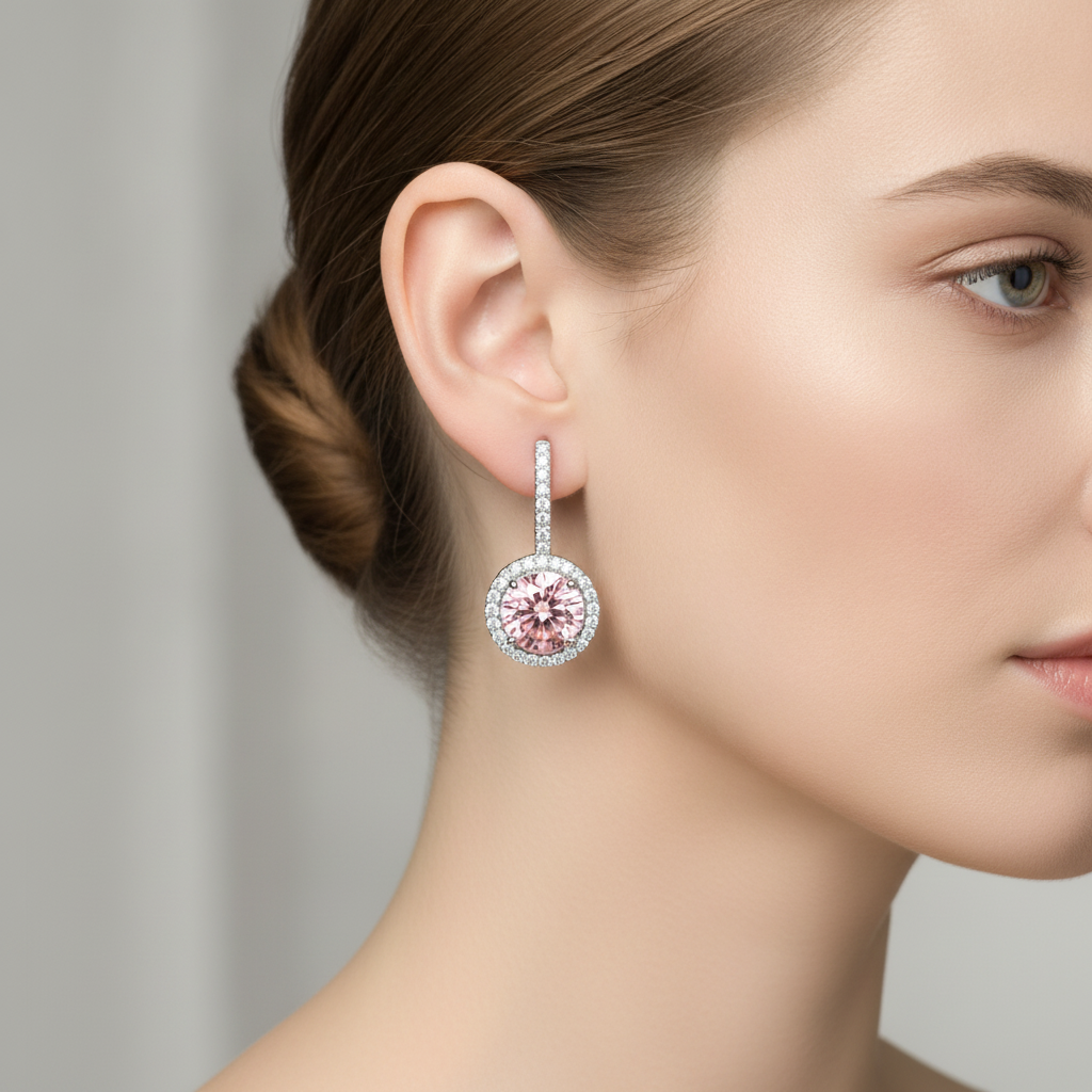 Orecchini con Diamanti Rosa da Laboratorio Taglio Rotondo Halo 2 Carati in Oro Bianco 14K