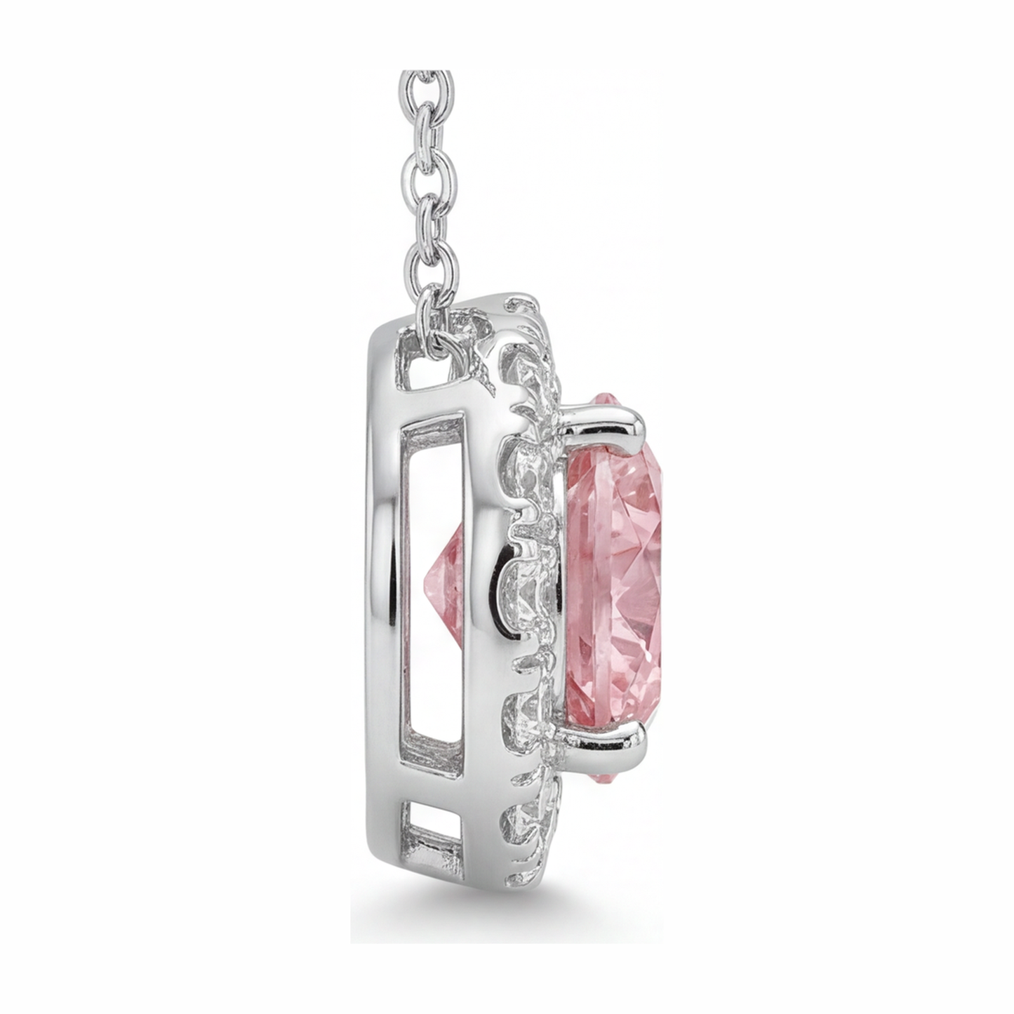Collana con Pendente Halo con Diamante Rosa da Laboratorio Rotondo da 2 Carati in Oro Bianco 14K