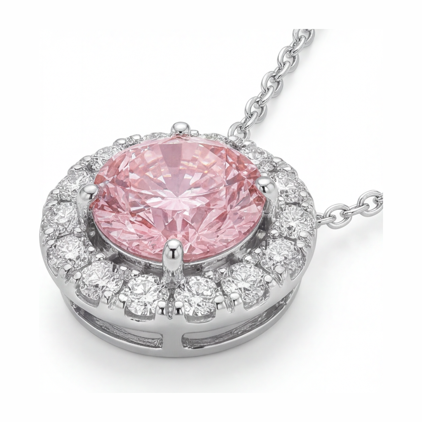 Collana con Pendente Halo con Diamante Rosa da Laboratorio Rotondo da 2 Carati in Oro Bianco 14K