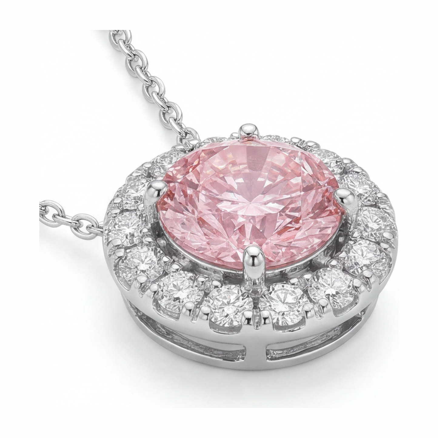 Collana con Pendente Halo con Diamante Rosa da Laboratorio Rotondo da 2 Carati in Oro Bianco 14K