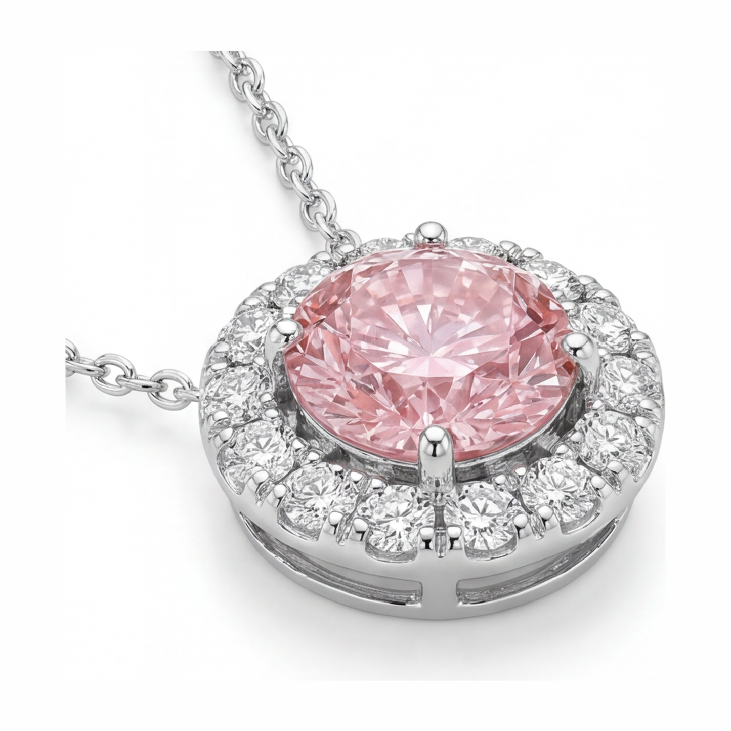 Collana con Pendente Halo con Diamante Rosa da Laboratorio Rotondo da 2 Carati in Oro Bianco 14K