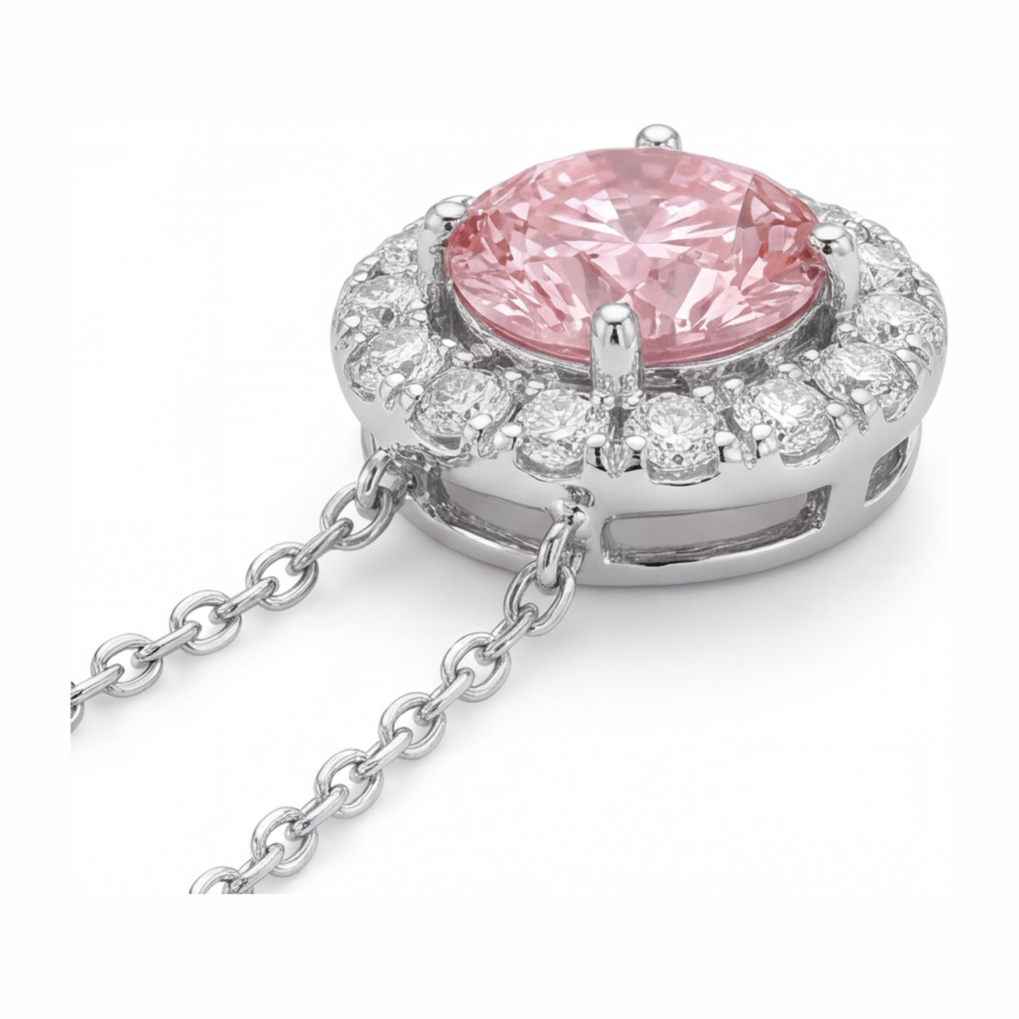 Collana con Pendente Halo con Diamante Rosa da Laboratorio Rotondo da 2 Carati in Oro Bianco 14K
