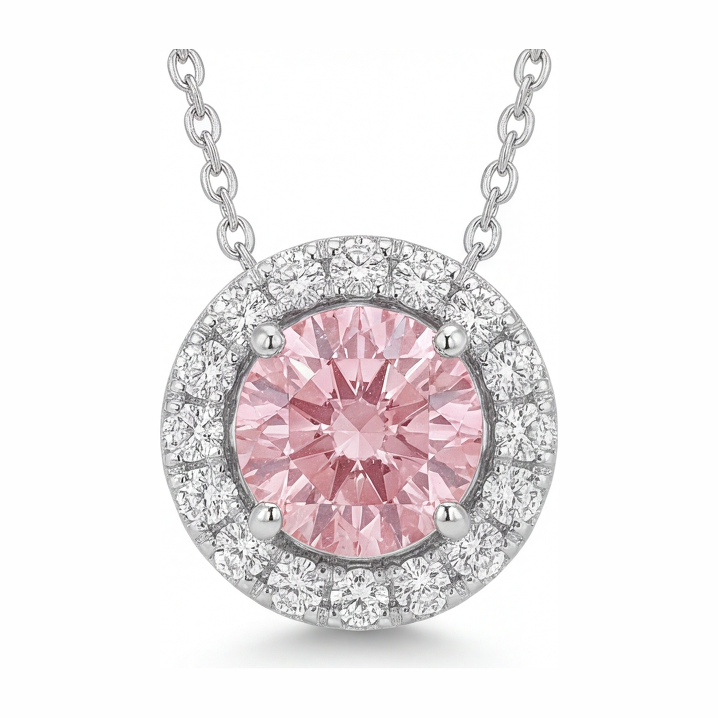 Collana con Pendente Halo con Diamante Rosa da Laboratorio Rotondo da 2 Carati in Oro Bianco 14K