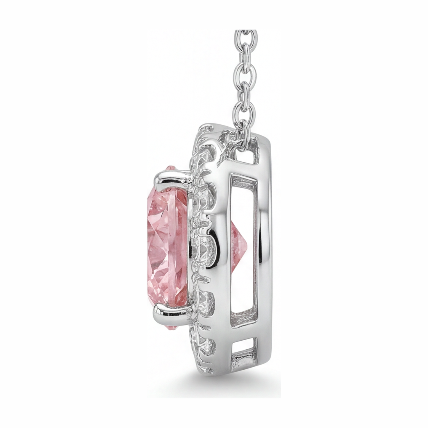 Collana con Pendente Halo con Diamante Rosa da Laboratorio Rotondo da 2 Carati in Oro Bianco 14K