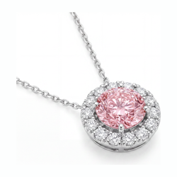 Collana con Pendente Halo con Diamante Rosa da Laboratorio Rotondo da 2 Carati in Oro Bianco 14K