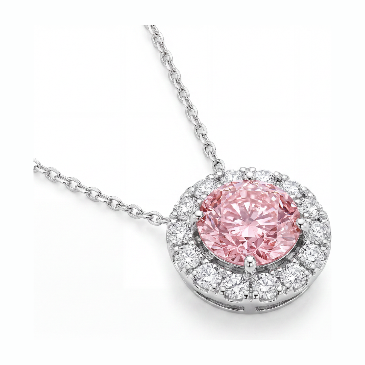 Collana con Pendente Halo con Diamante Rosa da Laboratorio Rotondo da 2 Carati in Oro Bianco 14K