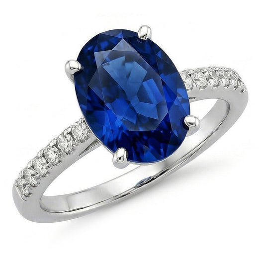 2 carati ovale Sri Lanka anello zaffiro blu diamante oro bianco 14K