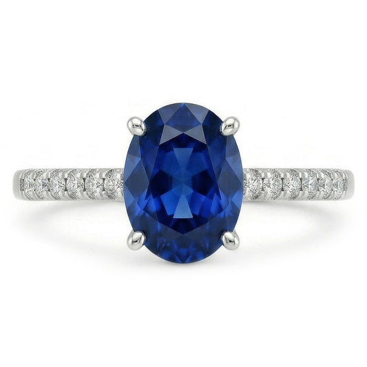 2 carati ovale Sri Lanka anello zaffiro blu diamante oro bianco 14K