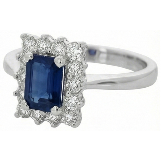 2 carati smeraldo Ceylon zaffiro e anello di diamanti in oro bianco 14K