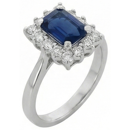 2 carati smeraldo Ceylon zaffiro e anello di diamanti in oro bianco 14K
