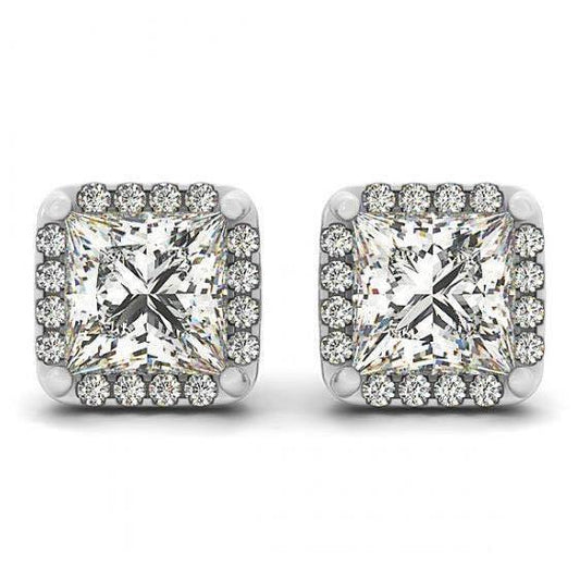 2.50 Carati Princess Center Genuino Diamond Studs Orecchini Halo In Oro Bianco 14K