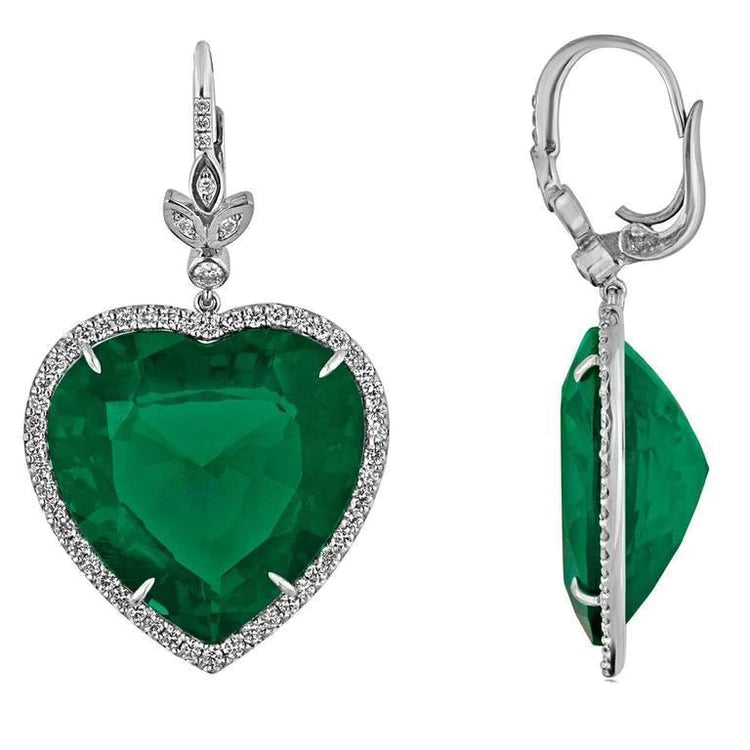 21,20 carati cuore Verde smeraldo con diamanti pendenti orecchino oro bianco 14k