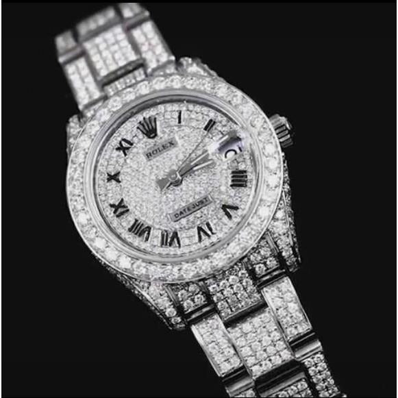 22 carati Orologio da donna Rolex ricoperto di diamanti personalizzato Oyster Bracciale Ss