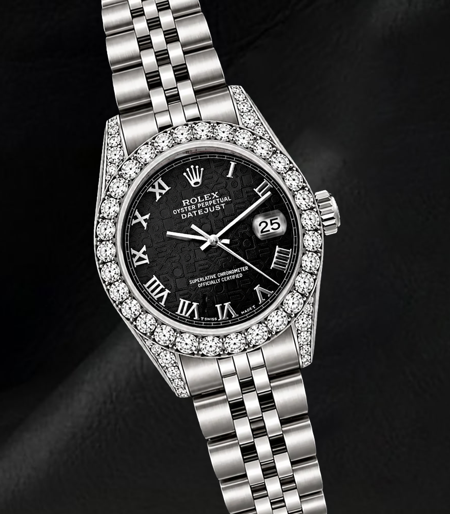 Rolex Datejust 6916 Orologio in Acciaio Inossidabile 26 mm Quadrante Nero con Numeri Romani Lunetta con Diamanti