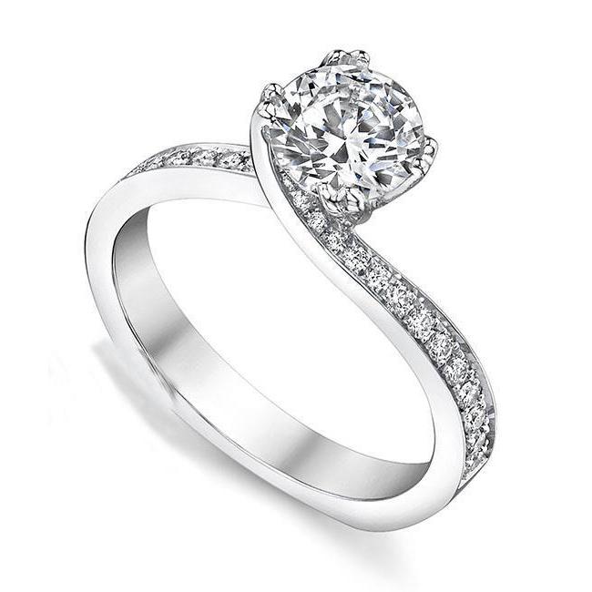 Diamante Fine Taglio Brillante Anello Solitario con Accenti in Oro Bianco 14K – vista principale