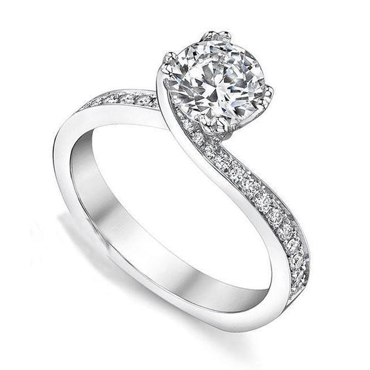 Diamante Fine Taglio Brillante Anello Solitario con Accenti in Oro Bianco 14K – vista principale