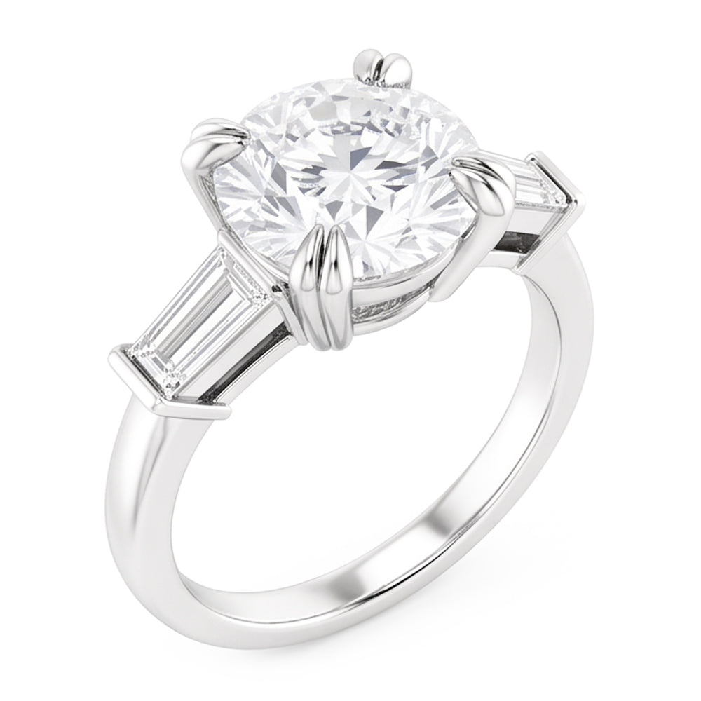 2,30 Carati Anello Rotondo Con Vero Diamanti Baguette 3 Pietre In Oro Bianco 14K