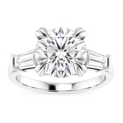 2,30 Carati Anello Rotondo Con Vero Diamanti Baguette 3 Pietre In Oro Bianco 14K