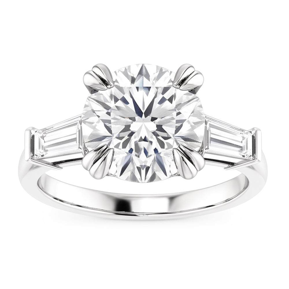 2,30 Carati Anello Rotondo Con Vero Diamanti Baguette 3 Pietre In Oro Bianco 14K